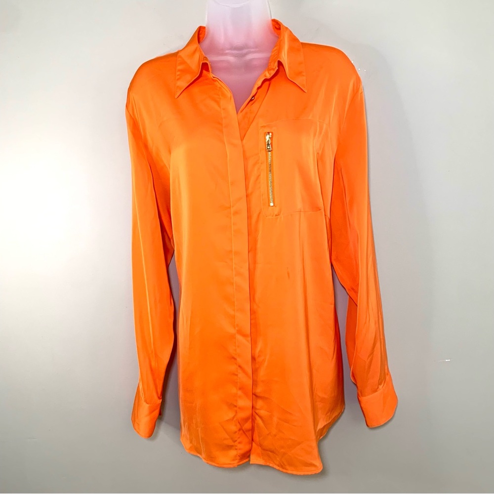 LRL Vibrant Orange Satin Silky Button-Up Blouse 1X NWT Flawed Zip Pocket Preppy